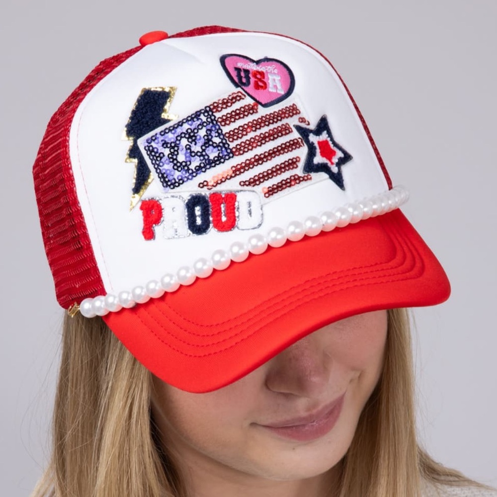 NWT Hat Flag Patriotic Red White Trucker Hat Baseball Cap NEW Americana Sequins
